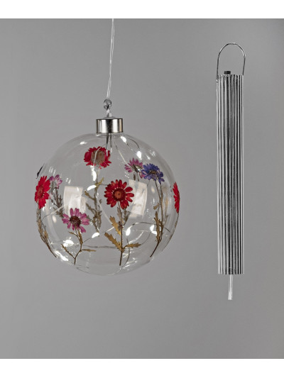 LED Glaskugel zum Aufhängen mit Trockenblumen, Timer 12cm