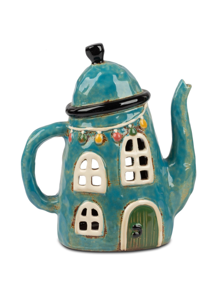 Windlicht Tee- Kaffeekanne Landhaus 20cm blau