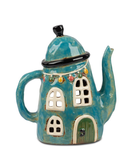 Windlicht Tee- Kaffeekanne Landhaus 20cm blau