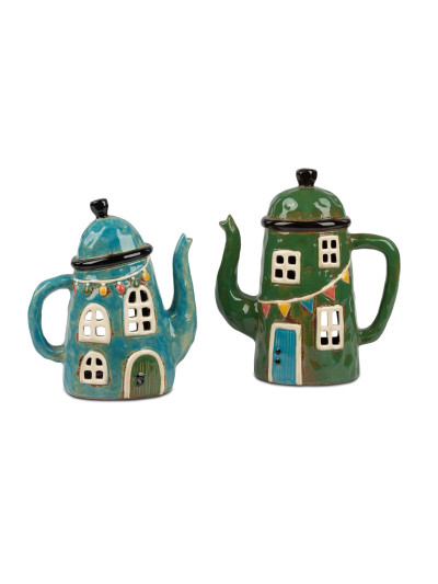 Windlicht Tee- Kaffeekanne Landhaus 20cm blau