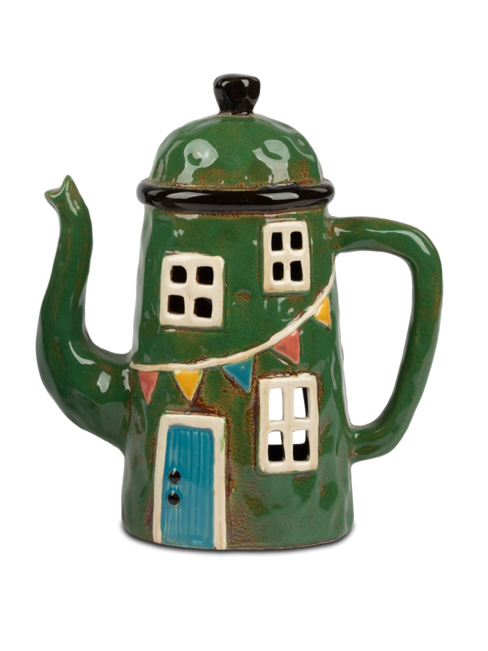 Windlicht Tee- Kaffeekanne Landhaus 22cm grün