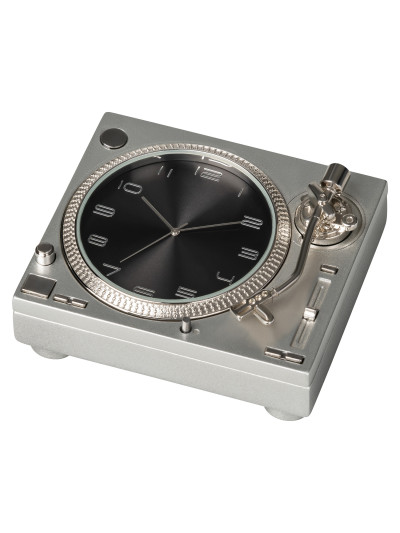 Tischuhr "Plattenspieler" Metall Silber-Schwarz
