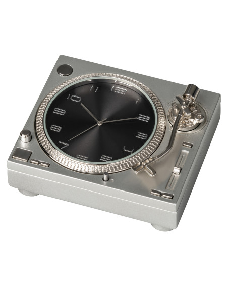 Tischuhr "Plattenspieler" Metall Silber-Schwarz