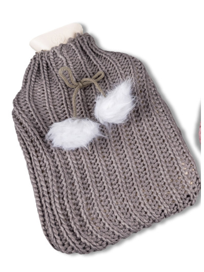 Wärmflasche Strick mit Bommel, Taupe 21x33cm