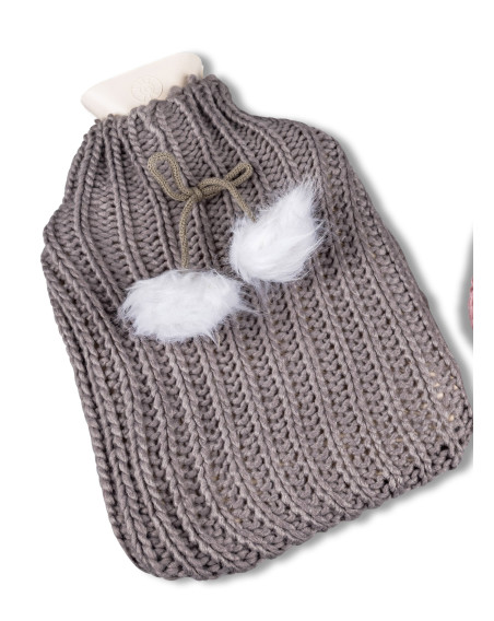 Wärmflasche Strick mit Bommel, Taupe 21x33cm
