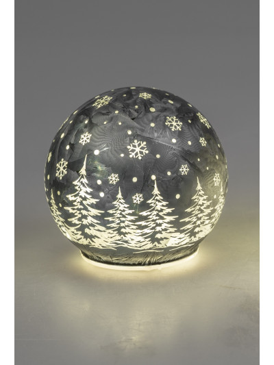 LED Glaskugel Winterwald L, stehend, Eisgrau 15 cm mit Timer