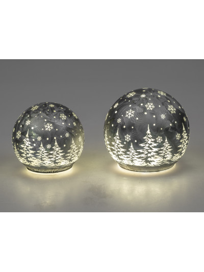 LED Glaskugel Winterwald M, hängend, Eisgrau 12 cm mit Timer