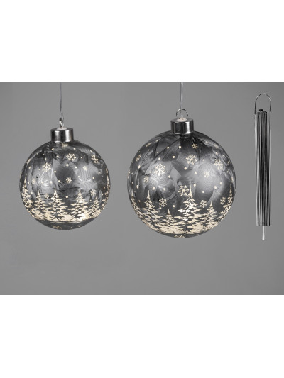 LED Glaskugel Winterwald M, hängend, Eisgrau 12 cm mit Timer