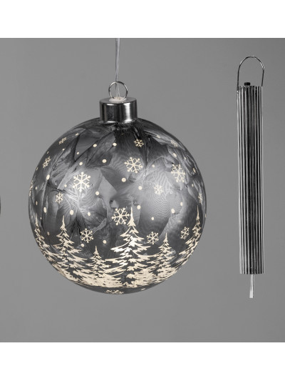 LED Glaskugel Winterwald M, hängend, Eisgrau 12 cm mit Timer