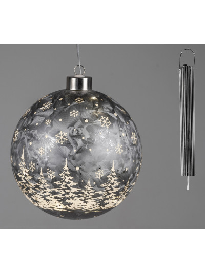 LED Glaskugel Winterwald L, hängend, Eisgrau 15 cm mit Timer