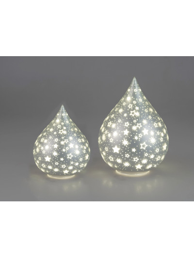 LED Deko-Licht Glas Tropfen S, 16cm Silber-Sterne-Matt mit Timer