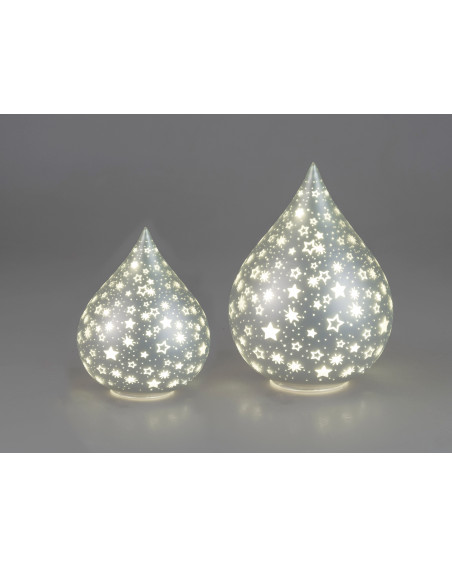 LED Deko-Licht Glas Tropfen M, 19cm Silber-Sterne-Matt mit Timer