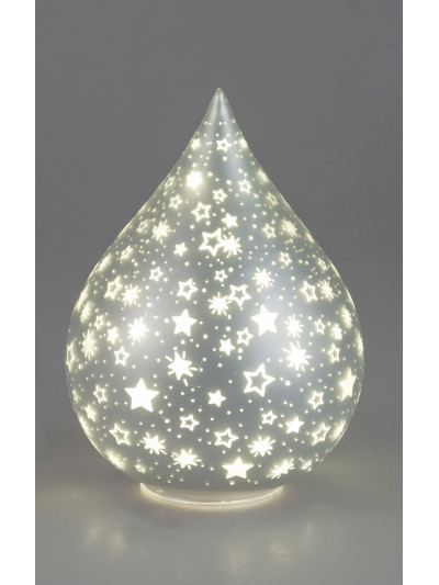 LED Deko-Licht Glas Tropfen L, 24cm Silber-Sterne-Matt mit Timer
