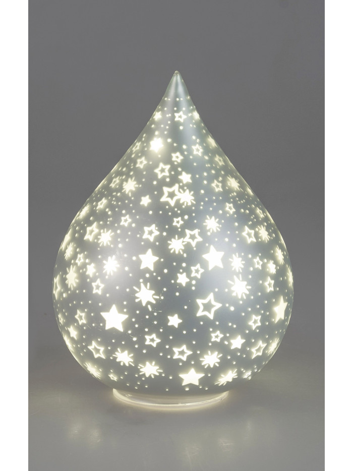 LED Deko-Licht Glas Tropfen L, 24cm Silber-Sterne-Matt mit Timer LED Deko-Licht Glas Tropfen L, 24cm Silber-Sterne-Matt mit Timer