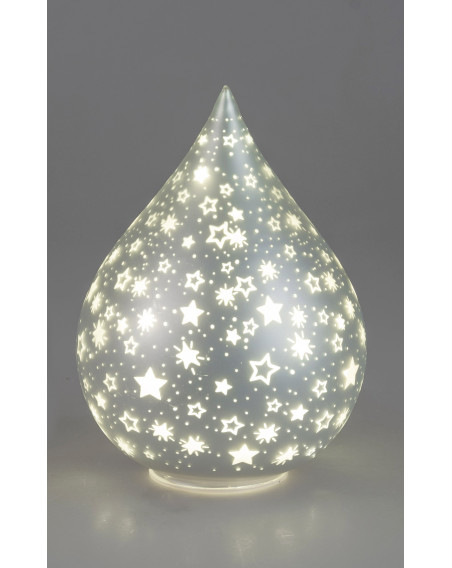 LED Deko-Licht Glas Tropfen L, 24cm Silber-Sterne-Matt mit Timer