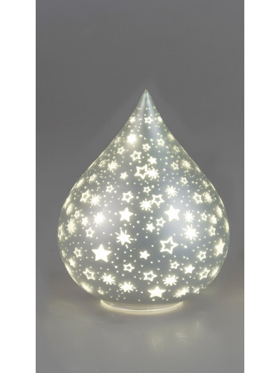 LED Deko-Licht Glas Tropfen M, 19cm Silber-Sterne-Matt mit Timer
