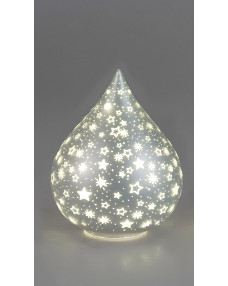 LED Deko-Licht Glas Tropfen M, 19cm Silber-Sterne-Matt mit Timer