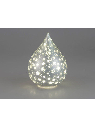 LED Deko-Licht Glas Tropfen S, 16cm Silber-Sterne-Matt mit Timer