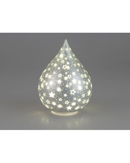 LED Deko-Licht Glas Tropfen S, 16cm Silber-Sterne-Matt mit Timer