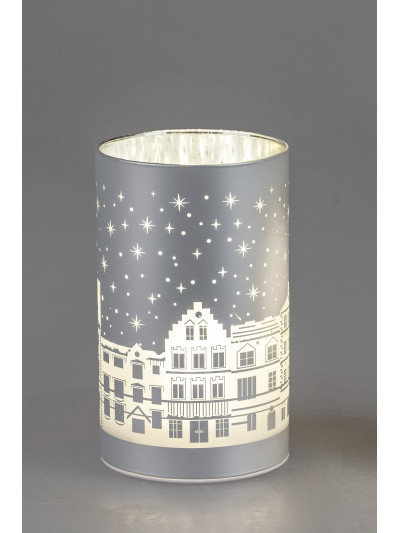 LED Deko-Licht Häuserzeile S, 15cm, Glas Zylinder, Silber-Matt mit Timer