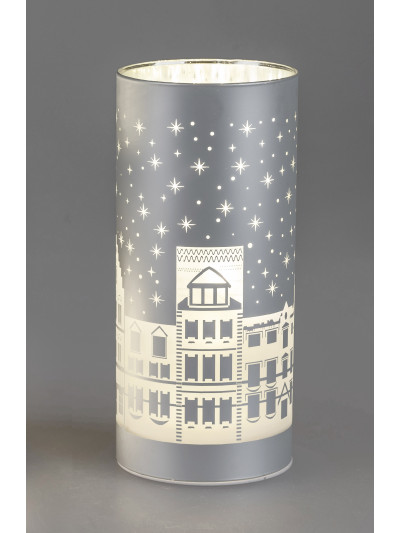 LED Deko Licht Häuserzeile M, 20cm, Glas Zylinder, Silber-Matt mit Timer