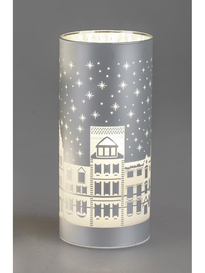 LED Deko Licht Häuserzeile M, 20cm, Glas Zylinder, Silber-Matt mit Timer LED Deko Licht Häuserzeile M, 20cm, Glas Zylinder, Silber-Matt mit Timer