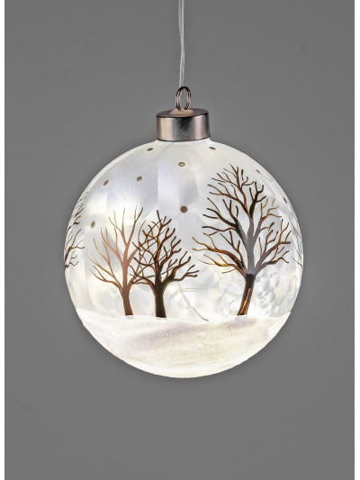 LED Glaskugel Winterzeit M, hängend, Weiß gefrostet 12 cm mit Timer