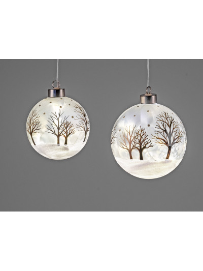 LED Glaskugel Winterzeit M, hängend, Weiß gefrostet 12 cm mit Timer