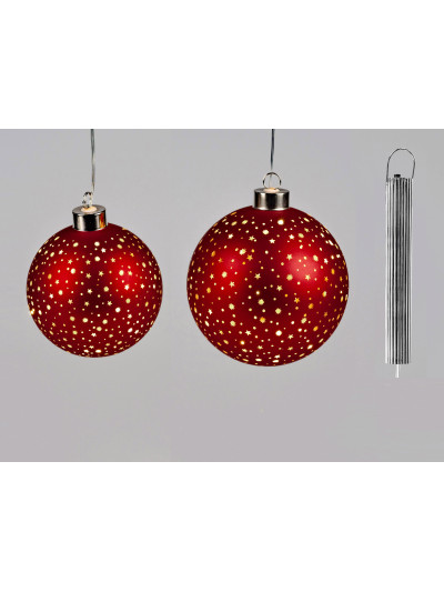 LED Glaskugel Sternenhimmel M, hängend, 12cm Rot-Gold mit Timer