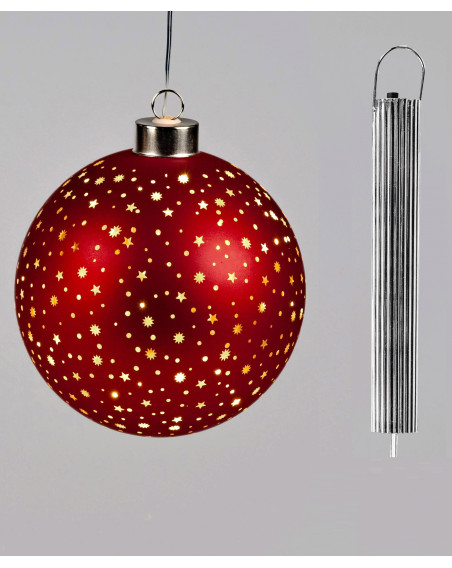 LED Glaskugel Sternenhimmel M, hängend, 12cm Rot-Gold mit Timer