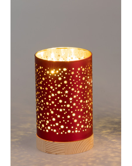 LED Deko Licht Sternenhimmel S, 15cm Rot-Gold, Glas Zylinder auf Hozfuß mit Timer