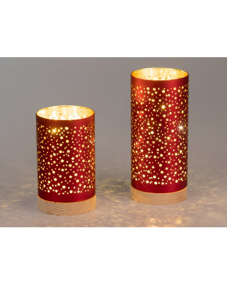 LED Deko Licht Sternenhimmel M, 20cm Rot-Gold, Glas Zylinder auf Holzfuß mit Timer