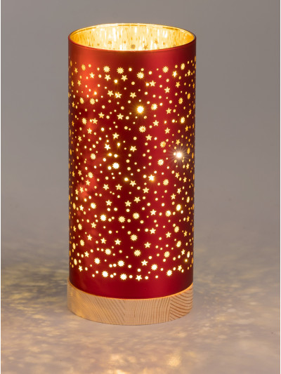 LED Deko Licht Sternenhimmel M, 20cm Rot-Gold, Glas Zylinder auf Holzfuß mit Timer