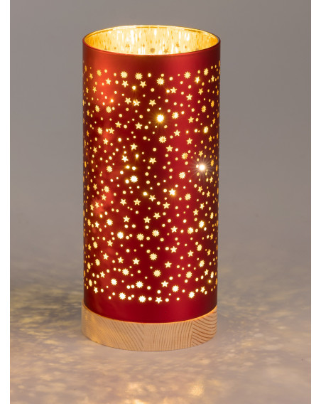 LED Deko Licht Sternenhimmel M, 20cm Rot-Gold, Glas Zylinder auf Holzfuß mit Timer