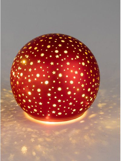 LED Glaskugel Sternenhimmel M, stehend, 12cm Rot-Gold mit Timer