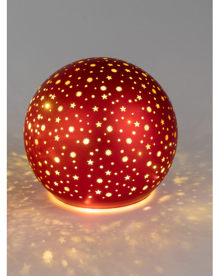 LED Glaskugel Sternenhimmel M, stehend, 12cm Rot-Gold mit Timer