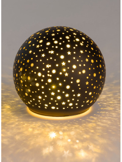 LED Glaskugel Sternenhimmel M, stehend, 12cm Schwarz-Gold mit Timer
