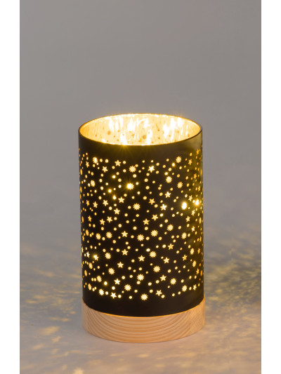 LED Deko Licht Sternenhimmel S, 15cm Schwarz-Gold, Glas Zylinder auf Holzfuß mit Timer