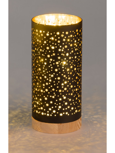 LED Deko Licht Sternenhimmel M, 20cm Schwarz-Gold, Glas Zylinder auf Holzfuß mit Timer