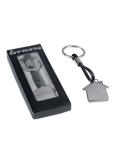 Schlüsselanhänger Haus Chrom glänzend mit Lederband